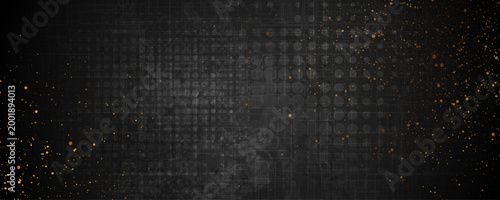 Black grunge halftone texture background with shiny golden dots. Abstract retro vector banner design