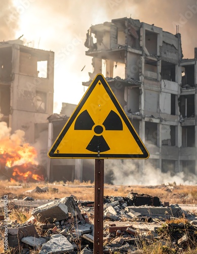 Warning sign in front of a ruined building, smoke, and devastation