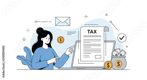 Professional woman manages financial tax calculations and digital accounting documents using a modern laptop computer.