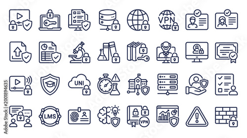 Vector line icons depicting cybersecurity, data encryption, network protection, secure access, online privacy, and digital learning concepts for various applications