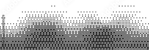 Bitmap dither pixel with wave gradient effect. Bit black and white texture background—abstract halftone 8-bit computer retro Y2K screen wallpaper—wide pixel art digital vintage vector illustration.

