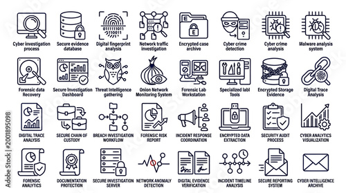 A comprehensive collection of outline icons for cybersecurity and data protection, illustrating digital forensics, threat detection, and information security processes