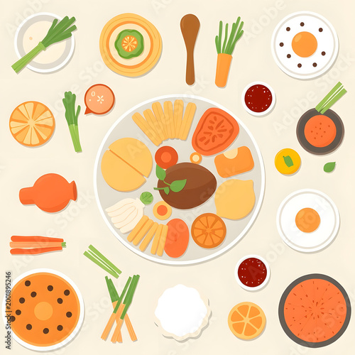Healthy Balanced Meal Plate with Fresh Vegetables, Fruits, and Protein – Flat Lay Food Illustration