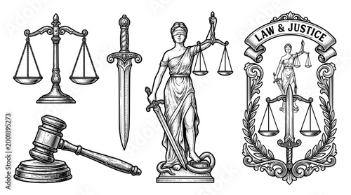 Vintage Justice Icon Engraving Style Vector Set