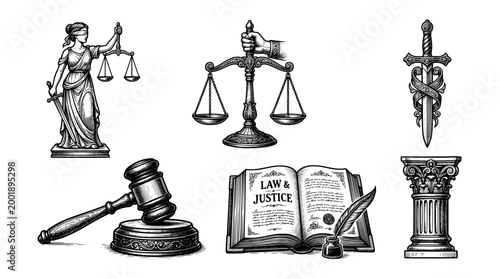 Vintage Justice Icon Engraving Style Vector Set