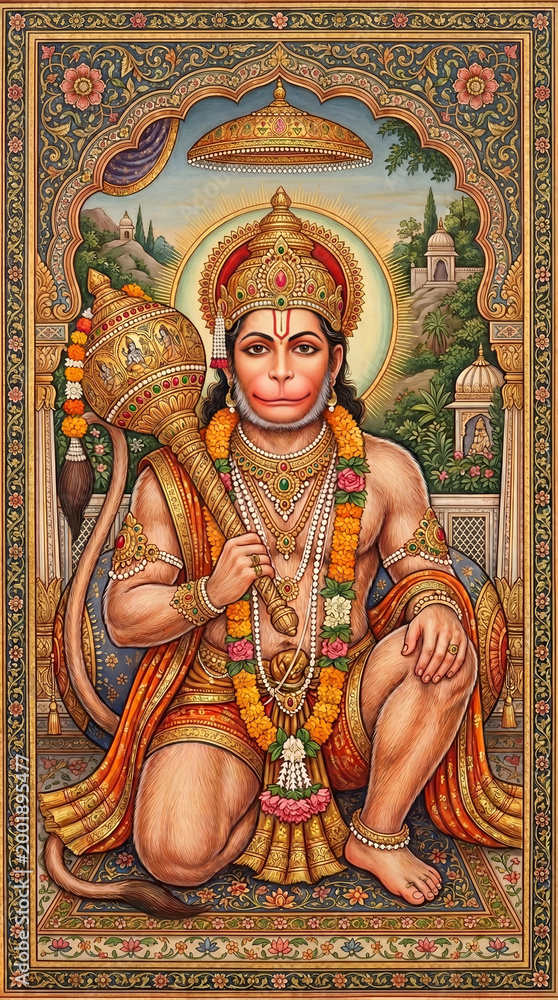 Fototapeta premium Traditional Lord Hanuman Devotional Portrait in Temple Art Style