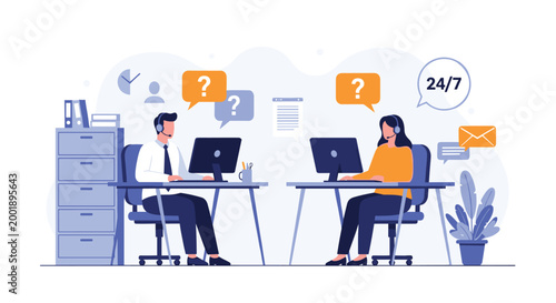 Dedicated customer service call center agents work at their desks providing twenty-four seven technical support to users.