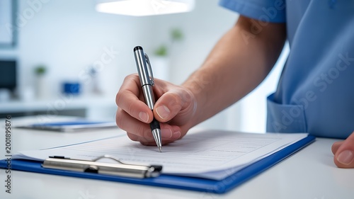 Medical professional writing on a patient form clipboard with silver pen close up
