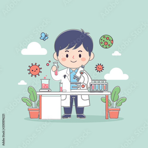 Cartoon Scientist Biologist Examining Virus Samples Under Microscope