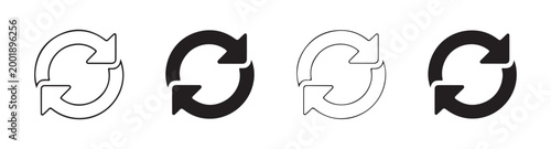 Black outline and solid fill refresh arrows icons set for user interface design on transparent background.