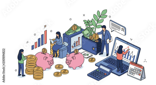 Financial investment team manages piggy banks and coins to ensure long-term wealth growth and financial stability.