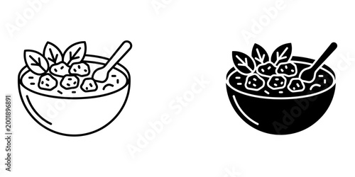 Bowl of salad or soup line and glyph icon set containing chopped vegetables or protein pieces with spoon and garnish on top to represent healthy meal dining choice or culinary menu food photography.