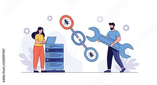 Software engineering team works together to debug computer systems and fix technical issues using professional tools.