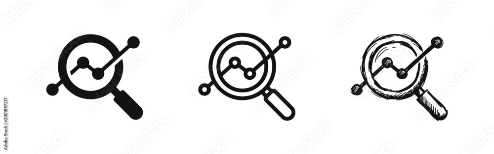 Obraz premium Data Analysis Magnifying Glass and Graph Icon Set in Three Styles