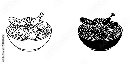 Rice bowl with chicken and vegetables icon set containing fried rice with egg and meat in outline and black silhouette versions for asian street food menu and restaurant identity graphic elements.
