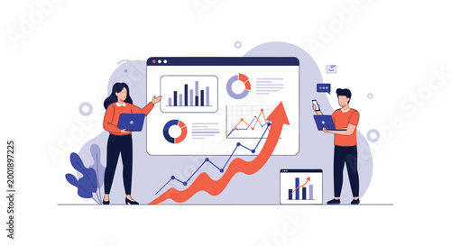 Team of business analysts examining performance metrics and growth trends on a digital dashboard with a large rising arrow.