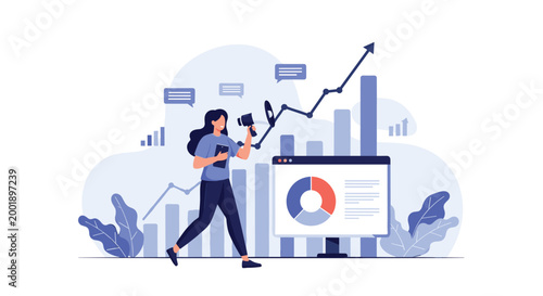 Energetic marketer running with a megaphone to announce business growth and successful sales results to the general public.