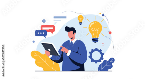 Creative thinker using a digital tablet to brainstorm innovative ideas represented by a large glowing lightbulb in the room.