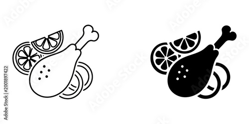 Chicken drumstick with lemon slices line icon and glyph icon food vector illustration set isolated on white background.