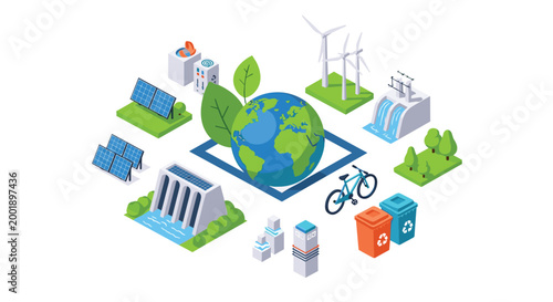 Isometric illustration of sustainable green energy sources including solar panels, wind turbines, and recycling on the earth.
