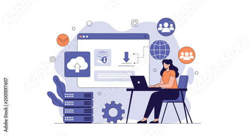 IT specialist managing cloud data storage and server infrastructure while working on a laptop in a secure data center.