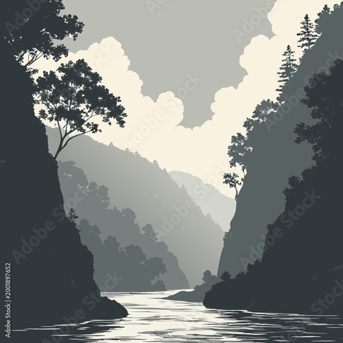 Dramatic misty mountain landscape with a river flowing through a gorge landscape mountains dramatic atmospheric environment outdoors secluded majestic grandeur exploration adventure