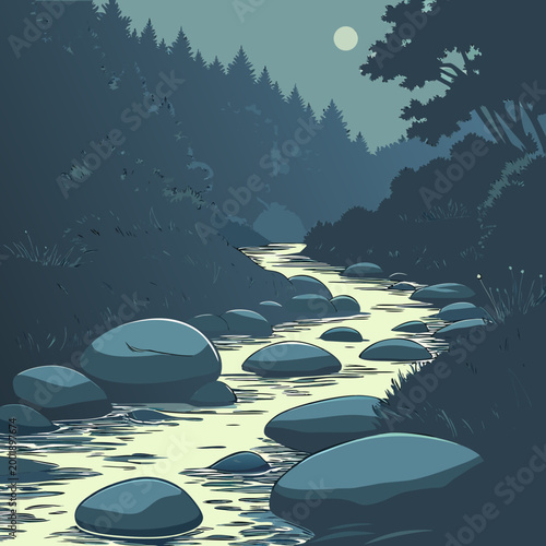 Moonlit night river flowing through a forest with rocks and trees moonlight darkness landscape outdoors peaceful tranquil wilderness reflection illustration environment movement ethereal