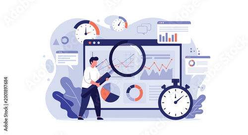 Analyst using a magnifying glass to closely examine business data trends and performance metrics within specific timeframes.