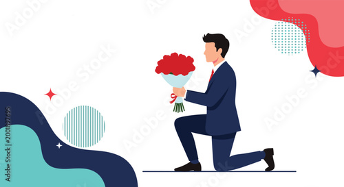 Romantic man kneeling down to propose marriage while holding a beautiful bouquet of red roses for his loving partner.
