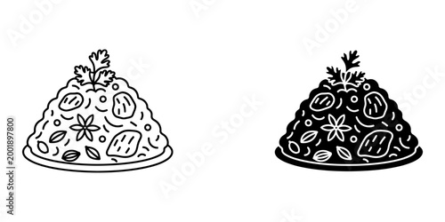 Plate of rice with meat and spices icon, outline and solid fill, depicting gourmet dish, Indian cuisine and culinary art.