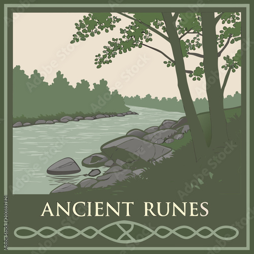 Riverbank with ancient runes and trees alphabet landscape shoreline illustration peaceful historical cultural heritage symbolism inscription language vegetation