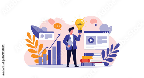 Creative educator with a brilliant idea represented by a glowing lightbulb standing next to a stack of books and data charts.