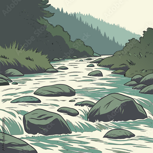 Dynamic forest river landscape with rapids large rocks coniferous trees on hilly banks landscape environment illustration wilderness fresh water detailed movement turbulent coniferous