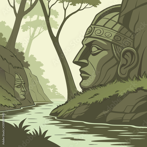 Mysterious ancient stone heads carved into rocky river banks with surrounding forest and flowing water environment illustration historical mythology wilderness fresh water majestic monumental