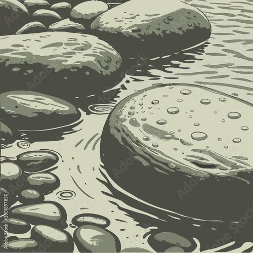 Close-up of smooth wet river stones partially submerged in flowing water with ripples liquid motion underwater submerged smoothness movement patterns close up background peaceful tranquil