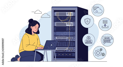 IT technician configuring a high-performance network server while working on a laptop in a modern data storage facility.