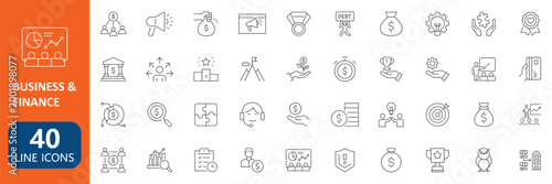 Modern business finance line icons set minimal outline banking analytics marketing symbols collection