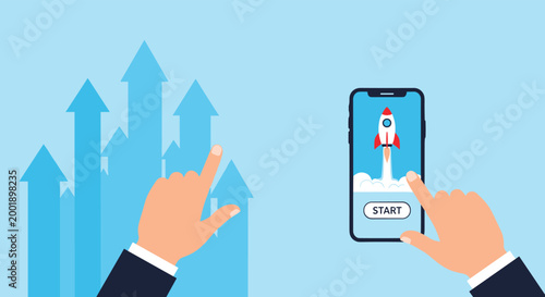Entrepreneur starting a new business venture represented by a rocket launch on a mobile screen with rising growth arrows.