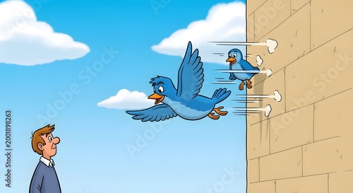 A curious man witnesses a vibrant blue bird soaring away, while another small bird humorously impacts a solid wall with visible speed and force