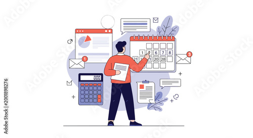 Business professional organizes a monthly schedule and manages tasks with calendar, calculator, and email icons in flat vector illustration.