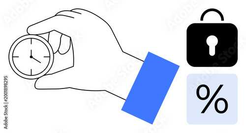 Time management, security measures, financial planning, efficiency, data privacy, risk assessment. A hand holding a clock with adjacent lock and percentage symbol. Time management and security