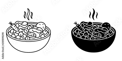 Traditional stew bowl icon featuring meat chunks vegetables and chick peas with steam in outline and glyph styles for hearty meal concepts restaurant menus and healthy cooking website graphics.