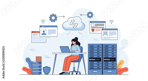 IT specialist manages cloud computing infrastructure and secure database systems while working on a laptop near server racks in data center.
