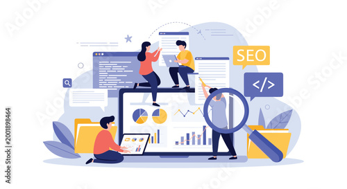 Web development team works together on search engine optimization and data analytics using a large interactive digital dashboard.