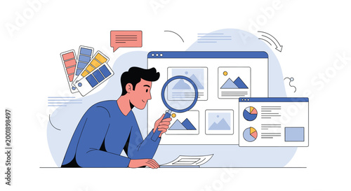 Web designer conducts thorough quality assurance and user experience research while examining interface layouts and color palettes.