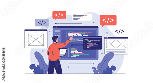 Software engineer develops complex web applications by writing clean code and designing interactive user interfaces on a large display.