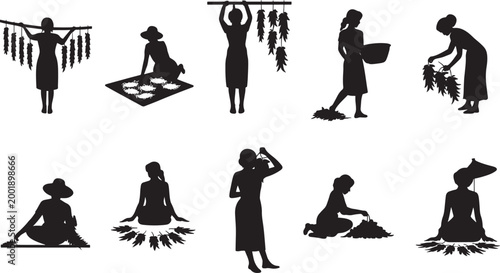 Women Farming Harvest Silhouette Set with Female Agricultural Work Drying Crops Gathering Leaves Traditional Rural Activity Poses