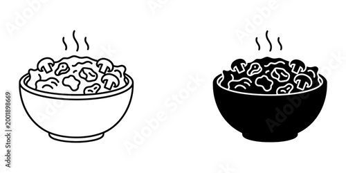 Beef stroganoff bowl with mushrooms and steam line art and solid silhouette icons set for restaurant menu russian cuisine branding or home cooking blog black and white minimalist food graphics.