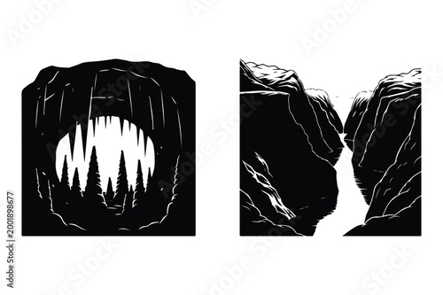 Black and white vector illustrations of a dark cave and a deep canyon pass