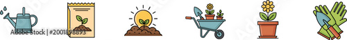 Vector icon set of gardening tools and planting equipment.